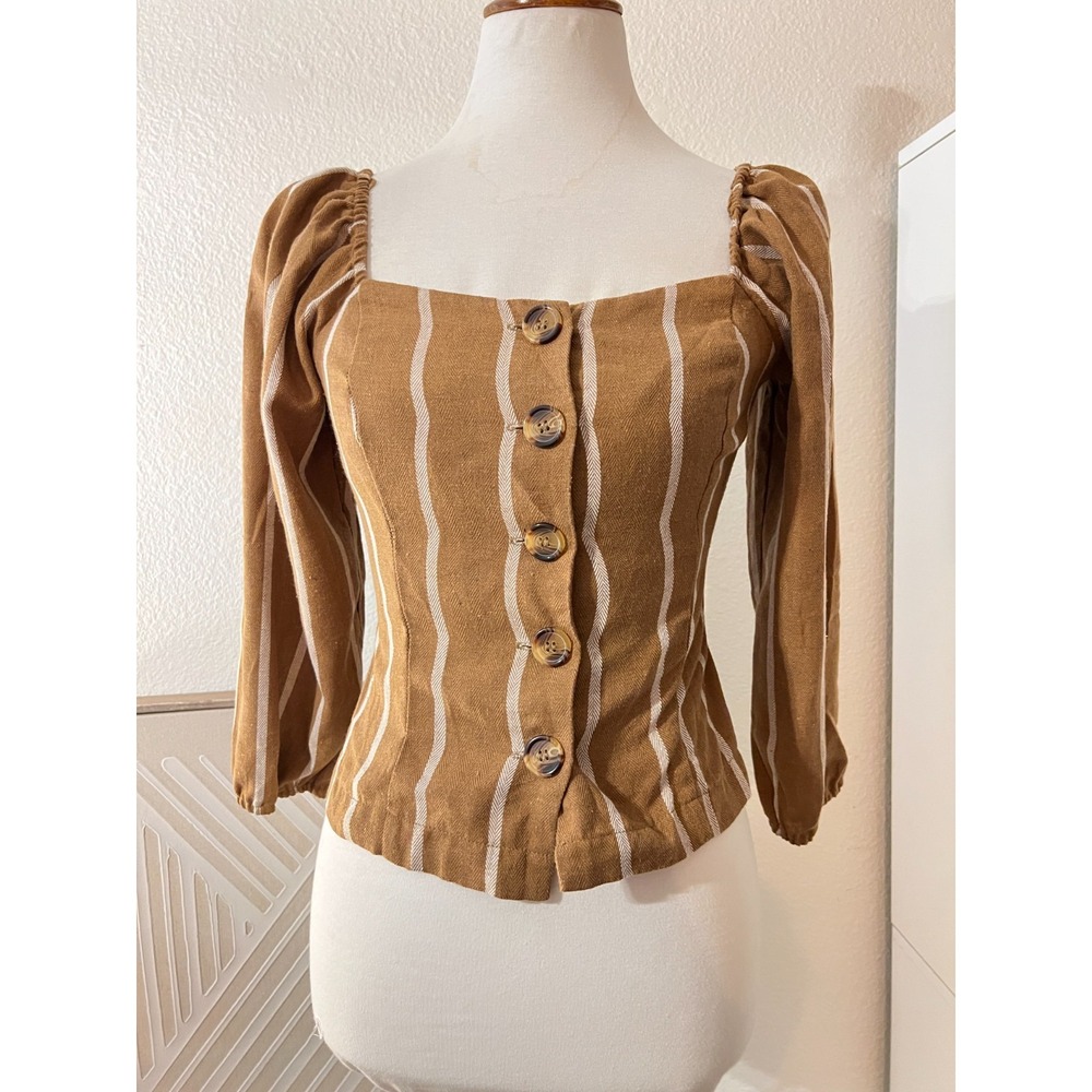 Favlux Womens Brown Striped Peasant Top Sz S Retro Victorian Cottagecore Goblin